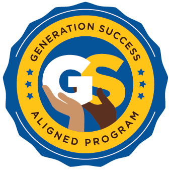 A blue and yellow circular seal that says "Generation Success Aligned Program" around the border. Two different colored hands hold up a white G and a yellow S in the center.